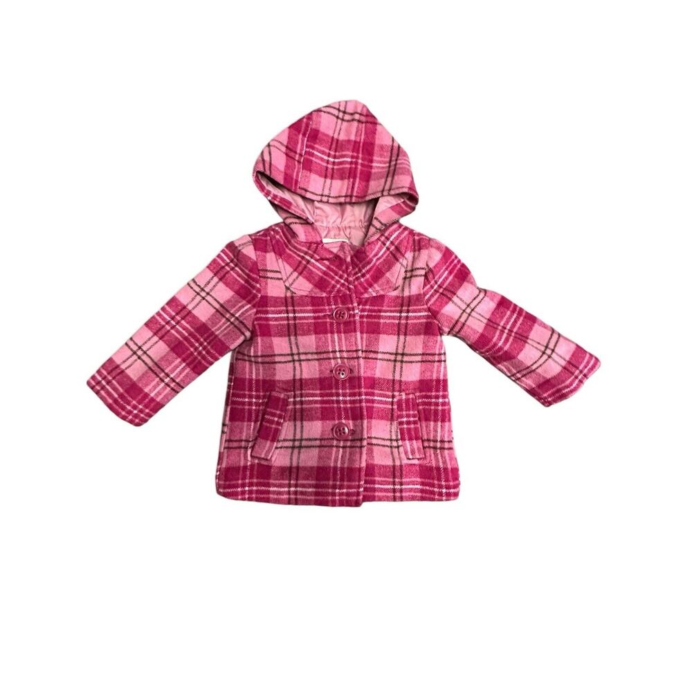 Old Navy Size 18 - 24 months coat girls pink off white plaid with hood, lined